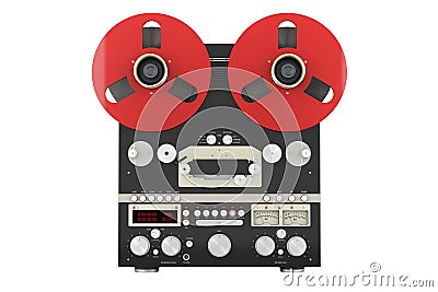 Retro reel-to-reel tape recorder, front view. 3D rendering Stock Photo