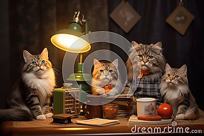 Retro representation of a family of cats posing for a photo shoot Stock Photo