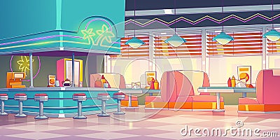 Retro restaurant, diner interior with bar counter Vector Illustration