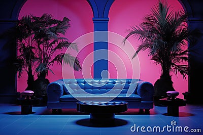 Retro Retreat: Stylish 1980s Miami Apartment with Palm Tree. Generative AI Stock Photo