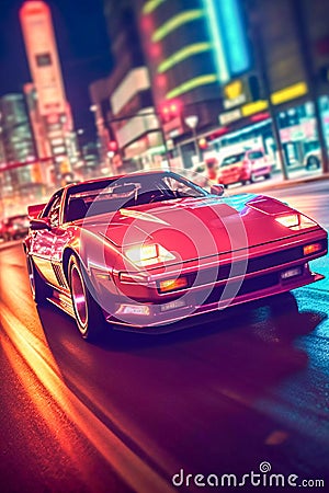 Retro Revival: Classic Car on Tokyo Street, Embracing Retrowave Aesthetics, AI Generated Stock Photo