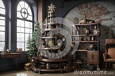 Retro Revival: Steampunk Christmas Tree Melds Old-World Charm with Modern Festivity Stock Photo