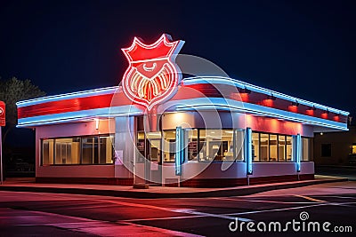 Retro road cafe with neon light illumination at night. Generative AI Stock Photo