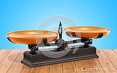 Retro Roberval balance, scales on the wooden table. 3D rendering Stock Photo
