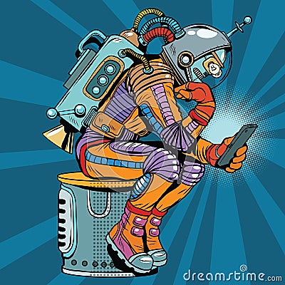 Retro robot astronaut in the thinker pose reads smartphone Vector Illustration