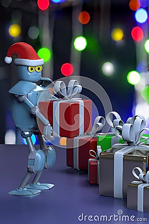 Retro robot in christmas hat,christmas celebration,put the box,3d render Stock Photo