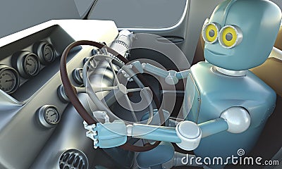 Retro Robot drave car. Autonomous transport and self-driving car Cartoon Illustration