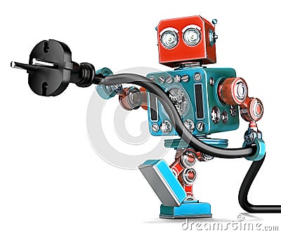 Retro robot with electric plug. . Contains clipping path Stock Photo