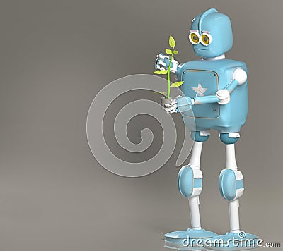 Retro robot hold plant,droid with sprout,3d render Stock Photo