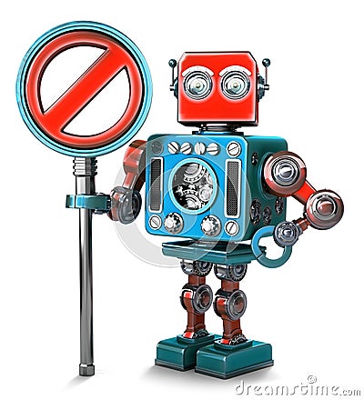 Retro Robot with NO ENTRY sign. Isolated. Contains clipping path Stock Photo