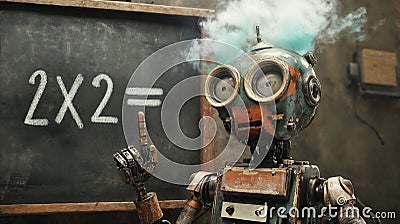 Retro Robot Overheating from Simple Math Problem Overload Stock Photo