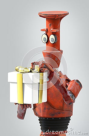 Retro robot presenting gift box.3d rendering Stock Photo