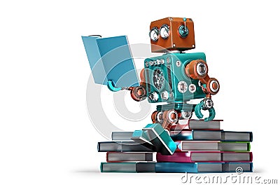 Retro robot reading a book. Isolated. Contains clipping path Stock Photo