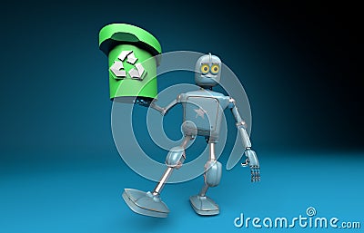 Retro robot with recycle trash bin.separate waste collection environmental protection concept.3d render Stock Photo