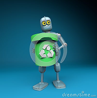 Retro robot with recycle trash bin.separate waste collection environmental protection concept.3d render Stock Photo