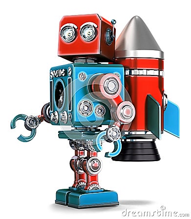 Retro Robot with rocket jetpack. Isolated. Contains clipping path Stock Photo