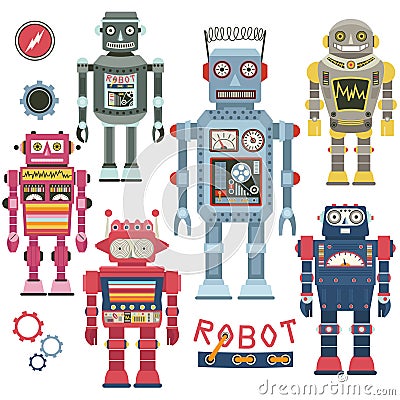 Retro Robot Set Vector Illustration