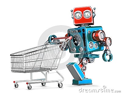 Retro robot with shopping cart. . Contains clipping path Stock Photo