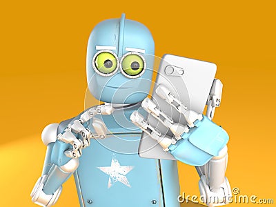 Retro robot sits and reads smartphone. New technologies and progress. 3d render Stock Photo