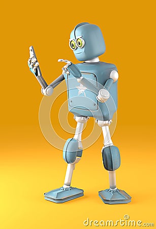 Retro robot stand and reads smartphone. New technologies and progress. 3d render Stock Photo
