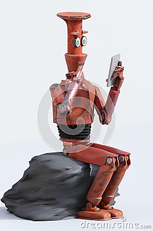 Retro robot thinks sitting on the cube, artificial intelligence, ai Stock Photo