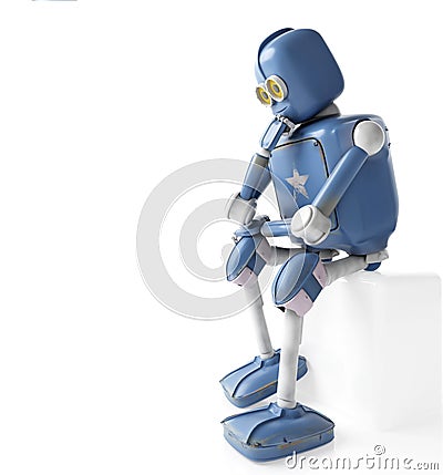 retro robot thinks sitting on the cube, artificial intelligence, ai Stock Photo