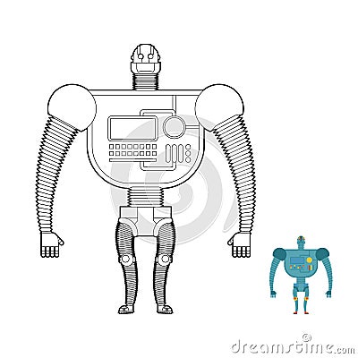 Retro Robot Warrior coloring book. Toy for boys. Space robot, an Vector Illustration