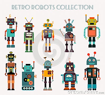 Retro robots collection with different characters, vector design Vector Illustration