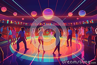 Retro roller skaters dazzling around an enormous indoor roller rink, neon lights and disco balls casting a colorful glow. Stock Photo