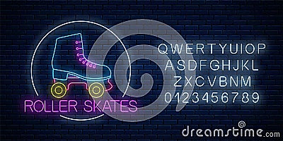 Retro roller skates glowing neon sign in circle frame with alphabet. Skate zone symbol in neon style Vector Illustration