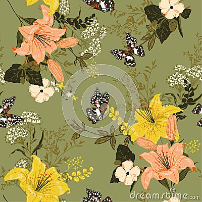 Retro romantic soft and gentle floral in the gaerden ,lily,many Vector Illustration