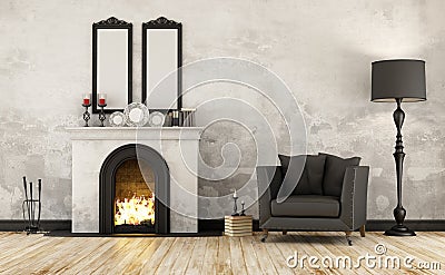 Retro room with fireplace Stock Photo