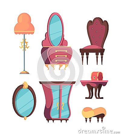 Retro room furniture set. Trendy antique living room interior vintage chest drawers oval mirror soft chair in old style Vector Illustration