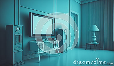 Retro room interior in 1950s 1960s style. Vintage fashion house with light blue colors. Futuristic modern apartment. Generative AI Stock Photo