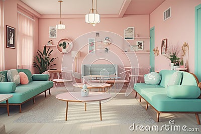 retro room with pastel color scheme and plush furniture, bringing back the nostalgic vibes of the 50s Stock Photo