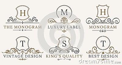 Retro Royal Vintage Shields Logotype set. Vector calligraphyc Luxury logo design elements. Business signs, logos Vector Illustration