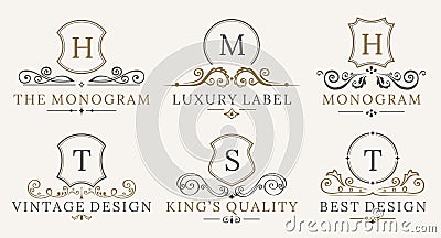 Retro Royal Vintage Shields Logotype set. Vector calligraphyc Luxury logo design elements. Business signs, logos Vector Illustration