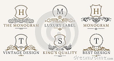 Retro Royal Vintage Shields Logotype set. Vector calligraphyc Luxury logo design elements. Business signs, logos Vector Illustration