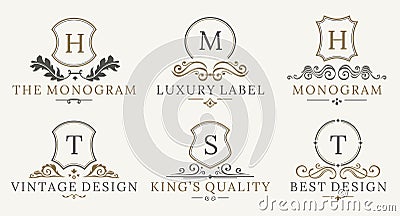 Retro Royal Vintage Shields Logotype set. Vector calligraphyc Luxury logo design elements. Business signs, logos Vector Illustration