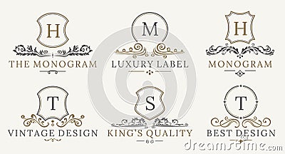 Retro Royal Vintage Shields Logotype set. Vector calligraphyc Luxury logo design elements. Business signs, logos Vector Illustration