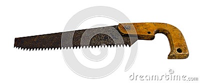 Retro rusty hand saw isolated on white Stock Photo