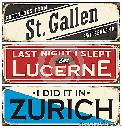 Retro rusty tin sign collection with Switzerland city names Vector Illustration