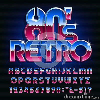 Retro 80s alphabet font. Colorful shiny letters and numbers. Vector Illustration
