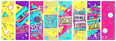 Retro 90s banner. Nineties forever, back to the 90s and pop memphis background banners vector illustration set Vector Illustration