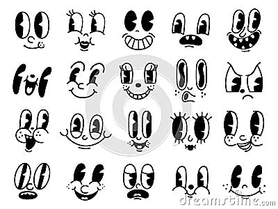 Retro 30s cartoon mascot characters funny faces. 50s, 60s old animation eyes and mouths elements. Vintage comic smile Vector Illustration