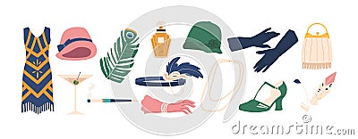 Retro 1920s Female Accessories Featured Flapper Headband, Long Pearl Necklace, Cloche Hats, Gloves, Beaded Purses Vector Illustration