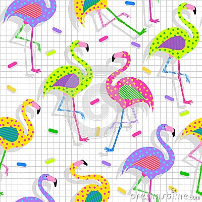 Retro 80s flamingo pattern background Vector Illustration