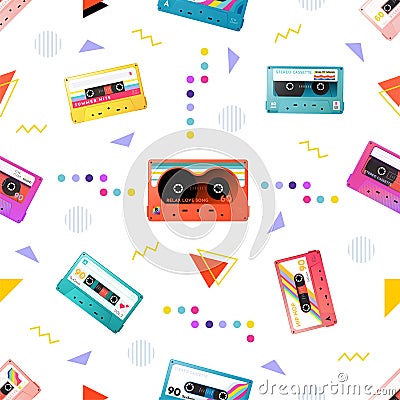 Retro 80s funky cassette. Seamless pattern. 70s music tape, vintage pop art and graphic print, audio fun mix. Decor Vector Illustration