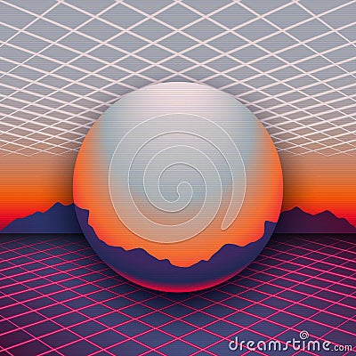 Sunset, mountains on the horizon and chrome globe between laser grids at front Vector Illustration