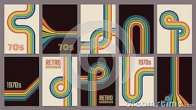 Retro 70s geometric posters, vintage rainbow color lines print. Groovy striped design poster, abstract 1970s colorful background Stock Photo